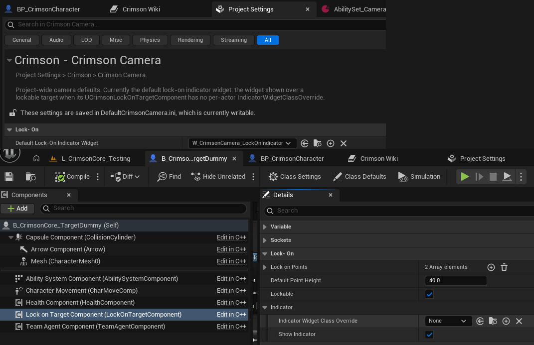 Project Settings -> Crimson -> Crimson Camera -> Default Lock-On Indicator Widget = your widget. To override just one actor, set its Crimson Lock On Target Component -> Indicator Widget Class Override (leave it unset everywhere else).