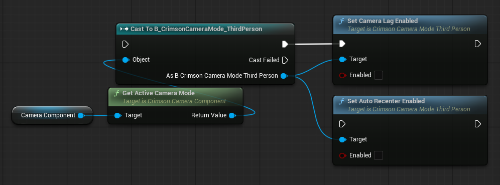 Get Camera Mode Instance (or Get Active Camera Mode) -> Cast to your third-person mode -> Set Camera Lag Enabled / Set Camera Lag Speed / Set Auto Recenter Enabled, etc.