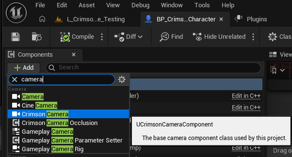Pawn Blueprint -> Add Component -> Crimson Camera Component.