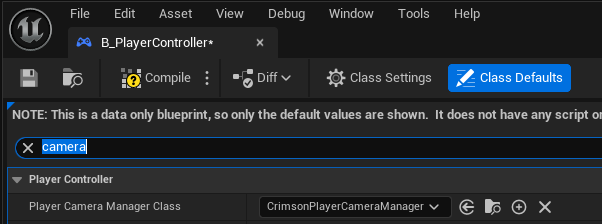 Open your PlayerController Blueprint -> Class Defaults -> set Player Camera Manager Class = CrimsonPlayerCameraManager.