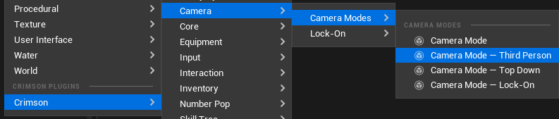 Content Browser -> right-click -> Crimson Camera -> Camera Mode - Third Person. Open it and set the TargetOffset curves in Details.