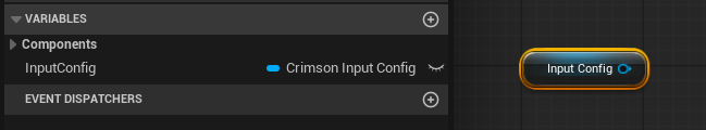 My Blueprint -> Variables -> + -> type Crimson Input Config (Object Reference). Make it Instance Editable, compile, then set its default (or per-instance value) to your config asset.