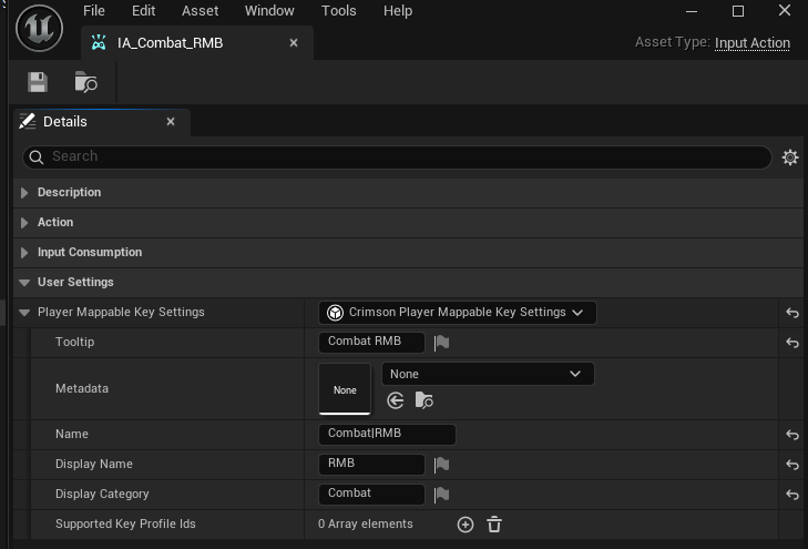 InputAction Details -> Player Mappable Key Settings -> Class = CrimsonPlayerMappableKeySettings -> set Name (e.g. Ability1).