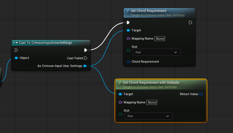 Subsystem -> Get Enhanced Input User Settings -> Cast To CrimsonInputUserSettings -> Set Chord Requirement (Mapping Name, Slot, Chord Requirement). Read back with Get Chord Requirement With Defaults.