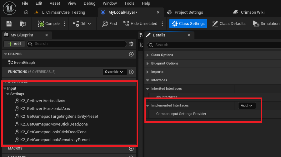 Content Browser -> Blueprint Class -> parent = Crimson Common Local Player. Open it -> Class Settings -> Interfaces -> Add -> Crimson Input Settings Provider. Then override the K2_ events (K2 Get Gamepad Look Stick Dead Zone, K2 Get Invert Vertical Axis, ...) to return your saved settings.