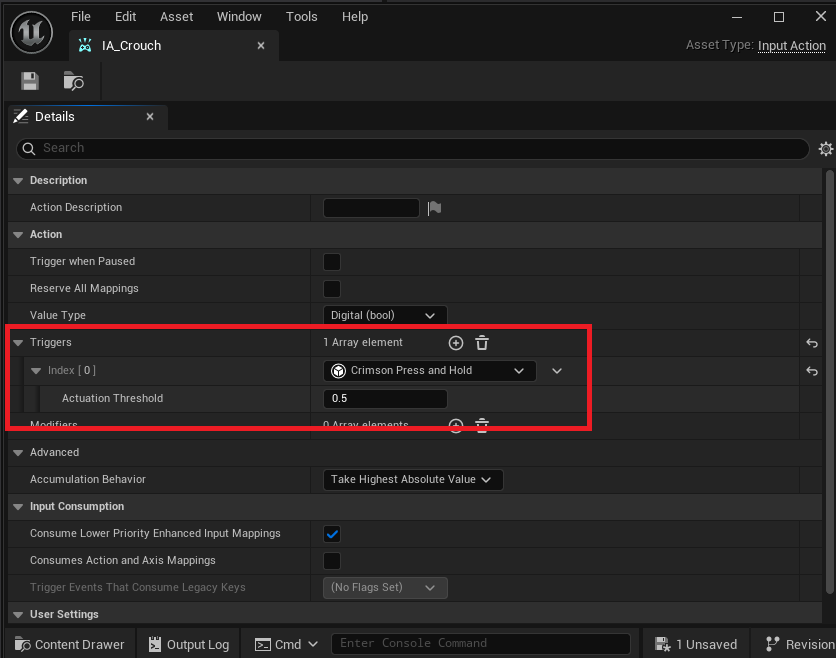 InputAction Details -> Triggers -> add Crimson Press and Hold. No properties to set - it changes the trigger/ongoing/complete timing.