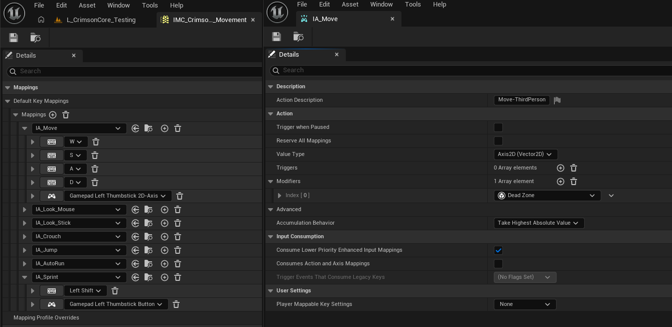 Create IA_Move and IA_Ability1 Input Actions, then an IMC_Default that maps keys (WASD, 1) to them. These are stock Enhanced Input assets - the config in step 4 references them by tag.