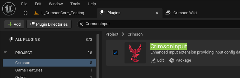 Edit -> Plugins -> search 'Crimson' -> tick CrimsonInput's Enabled checkbox -> restart the editor.