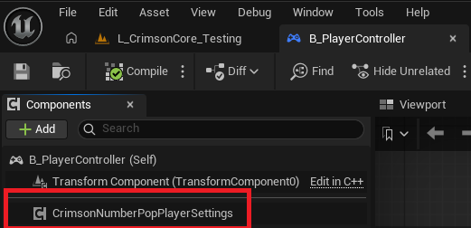 PlayerController Blueprint -> Add Component -> Crimson Number Pop Player Settings. Defaults are set in the Details panel.