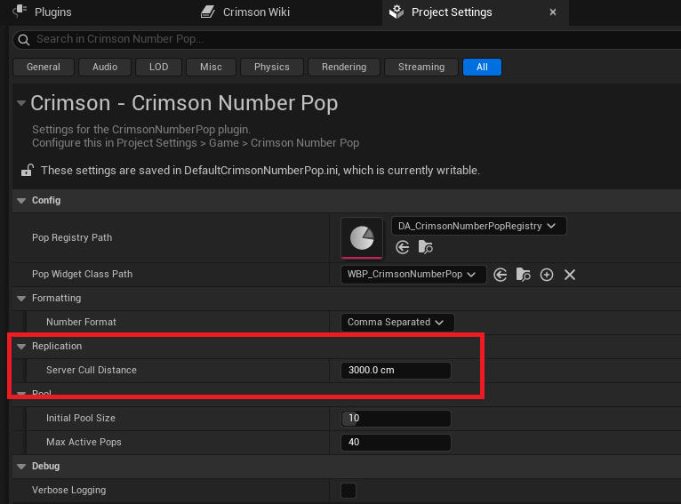 Project Settings -> Crimson -> Crimson Number Pop -> Replication -> Server Cull Distance (cm). 0 = off (multicast to all).