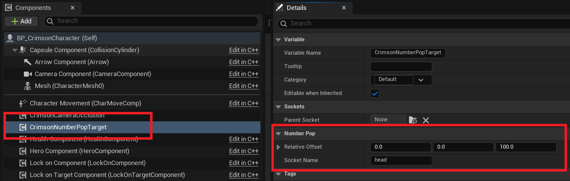 Character Blueprint -> Add Component -> Crimson Number Pop Target Component -> set Socket Name (e.g. head) or Relative Offset.