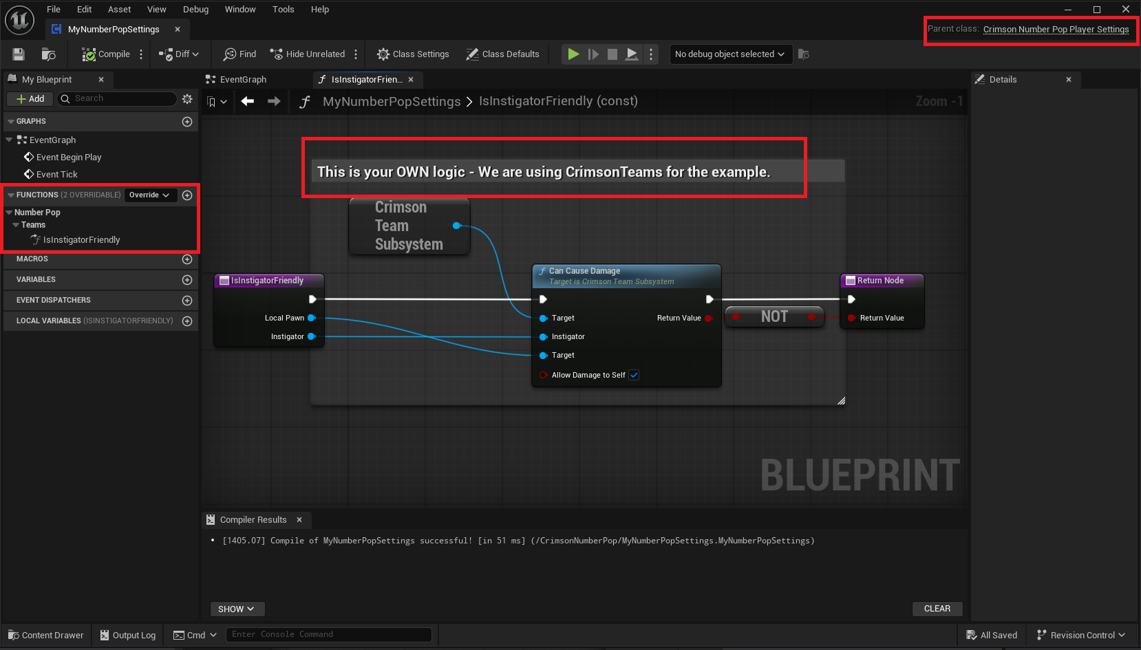 Create a Blueprint subclass of Crimson Number Pop Player Settings -> override Is Instigator Friendly (query your team system, return true for friendlies) -> add that subclass to the PlayerController instead of the base component.