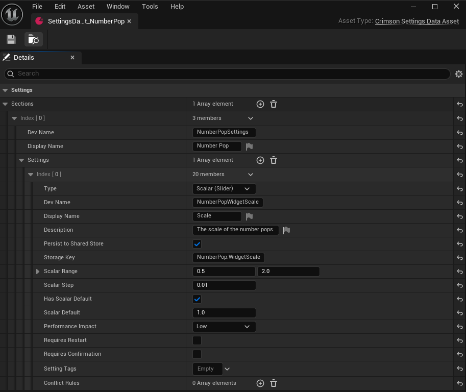 UCrimsonSettingsDataAsset -> a NumberPop entry with bPersistToSharedStore ticked and StorageKey = NumberPop.WidgetScale.