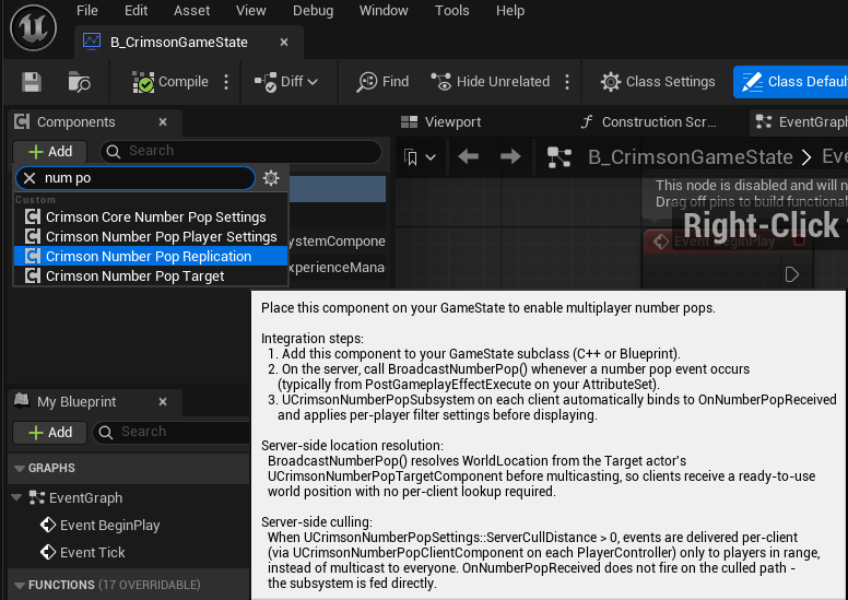 GameState Blueprint -> Add Component -> Crimson Number Pop Replication Component.