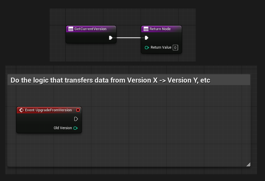 On the fragment Blueprint: override **Get Current Version** to return your schema number (e.g. `2`). Override **Upgrade From Version** and branch on the `Old Version` input to backfill new fields before restore runs.