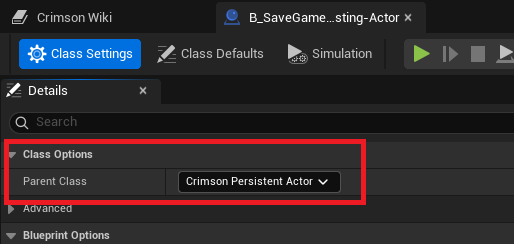 New Blueprint Class -> search `Crimson Persistent Actor` -> mark your variables' SaveGame flag.