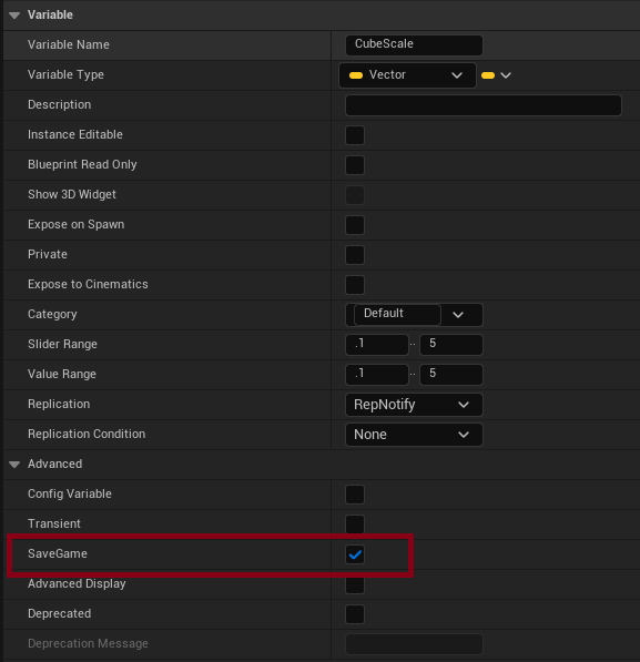 For each variable to persist: select it in **My Blueprint** -> **Details -> Advanced** -> tick **SaveGame**. Works on any Actor, Component, or Blueprint that participates in saving.