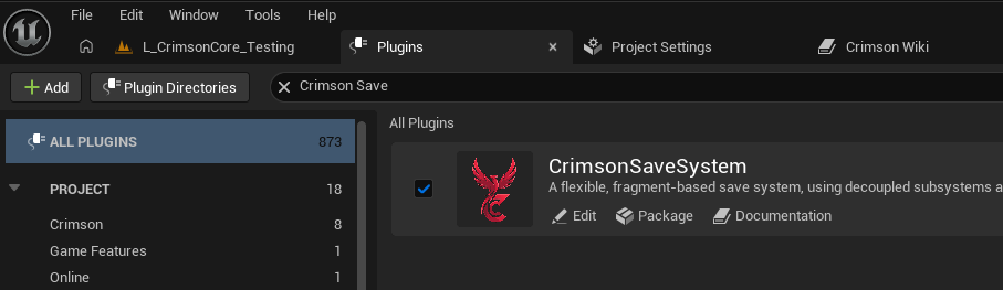Edit -> Plugins -> search 'Crimson' -> tick CrimsonSaveSystem's Enabled checkbox -> restart the editor.