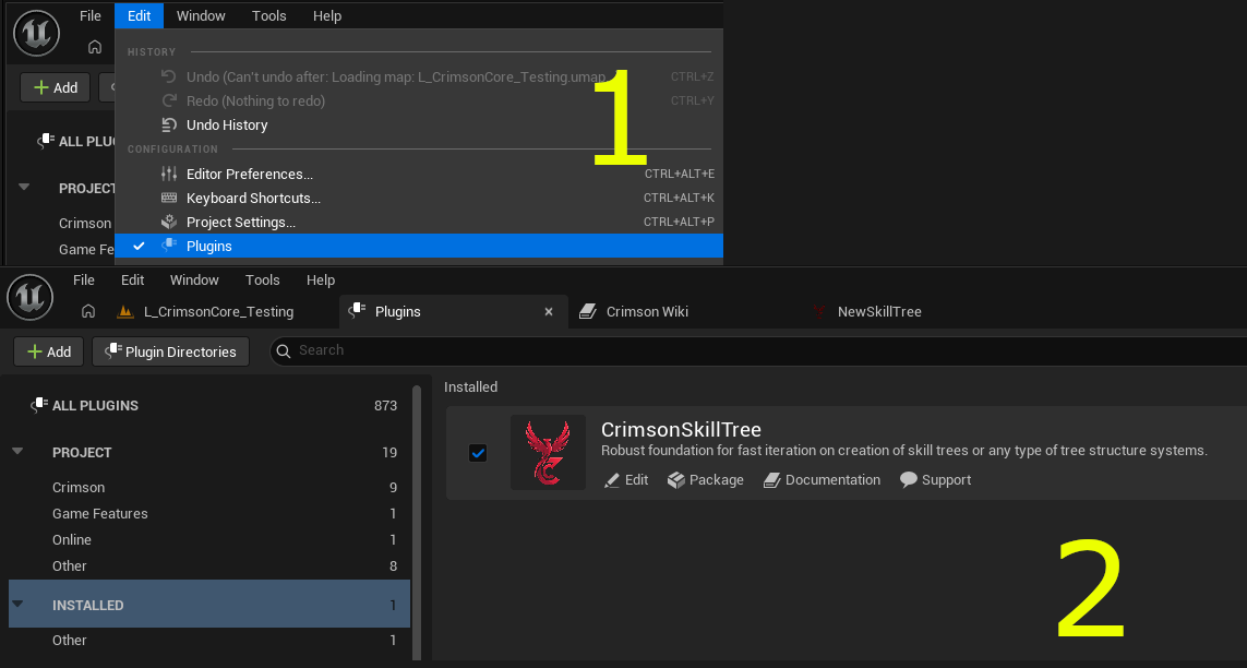 Edit → Plugins → search 'Crimson' → tick CrimsonSkillTree's Enabled checkbox → restart the editor.