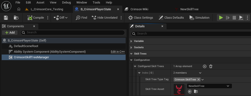 Manager component → Details → Configured Skill Trees: add an entry (type tag + tree asset). Initialization is automatic.
