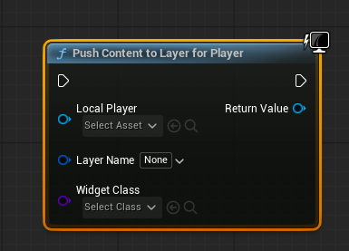 Right-click -> search 'Push Content To Layer For Player'. Two nodes appear: the synchronous one from Crimson UI Extensions (takes Local Player + hard class, returns the widget) and the async one (takes Player Controller + soft class, has Before/After Push pins). Pop Content From Layer removes a pushed widget.