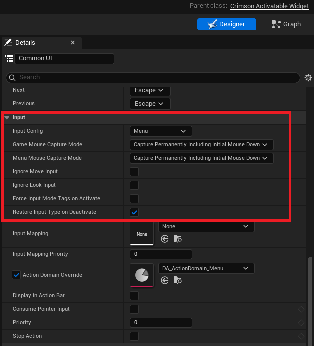 BP screen Class Defaults -> Input: Input Config = Menu, Game Mouse Capture Mode, Menu Mouse Capture Mode, Ignore Move/Look Input, Force Input Mode Tags On Activate, Restore Input Type On Deactivate.