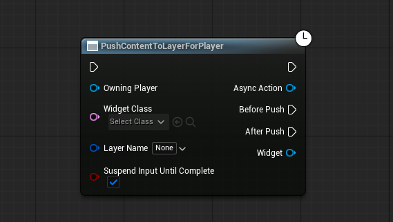 Push Content To Layer For Player (async): Owning Player = Get Player Controller, Widget Class = WBP_Inventory (soft), Layer Name = UI.Layer.GameMenu. BeforePush pin -> Cast to WBP_Inventory -> set its variables; AfterPush -> widget is active.