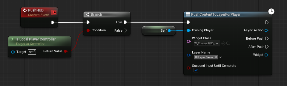 In your PlayerController Blueprint: Event BeginPlay -> Is Local Player Controller (Branch) -> Push Content To Layer For Player (Owning Player = Self, Widget Class = BP_HUDLayout, Layer Name = UI.Layer.Game). The node is async - it loads the soft class reference before pushing.